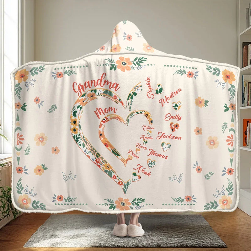Three Generations, One Heart Full Of Love - Family Personalized Custom Snuggle Blanket, Hoodie Blanket - Gift For Mom, Grandma