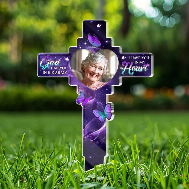 Custom Photo Memorial Cross Garden Decor - Personalized Acrylic Stake