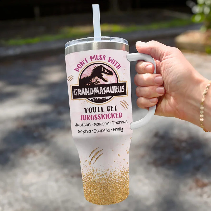 Custom Name Dinosaur Grandma Gifts - Personalized 40 Oz Tumbler With Handle