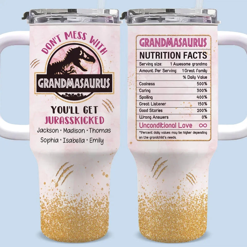 Her Heart’s As Big As A Dinosaur’s Roar - Family Personalized Custom 40 Oz Stainless Steel Tumbler With Handle - Gift For Mom, Grandma