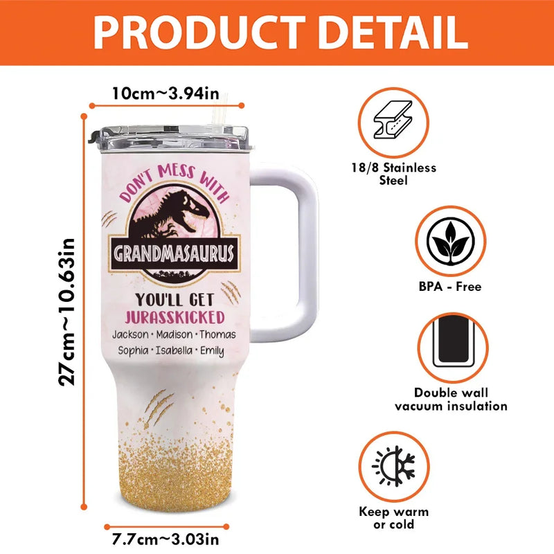 Custom Name Dinosaur Grandma Gifts - Personalized 40 Oz Tumbler With Handle
