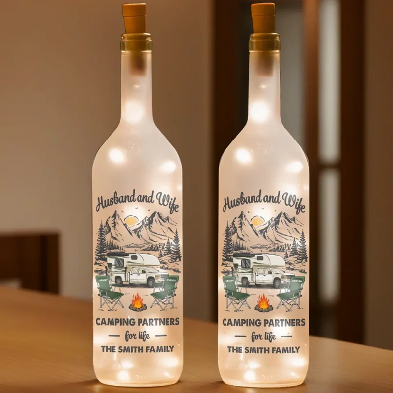 Campfires And Kisses, Forever And Always - Couple Personalized Custom Bottle Lamp - Gift For Husband Wife, Camping Lovers