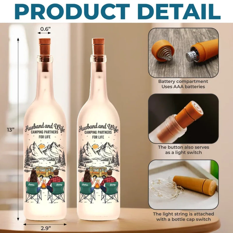 Camping Partners For Life - Couple Personalized Custom Bottle Lamp - Gift For Husband Wife, Camping Lovers