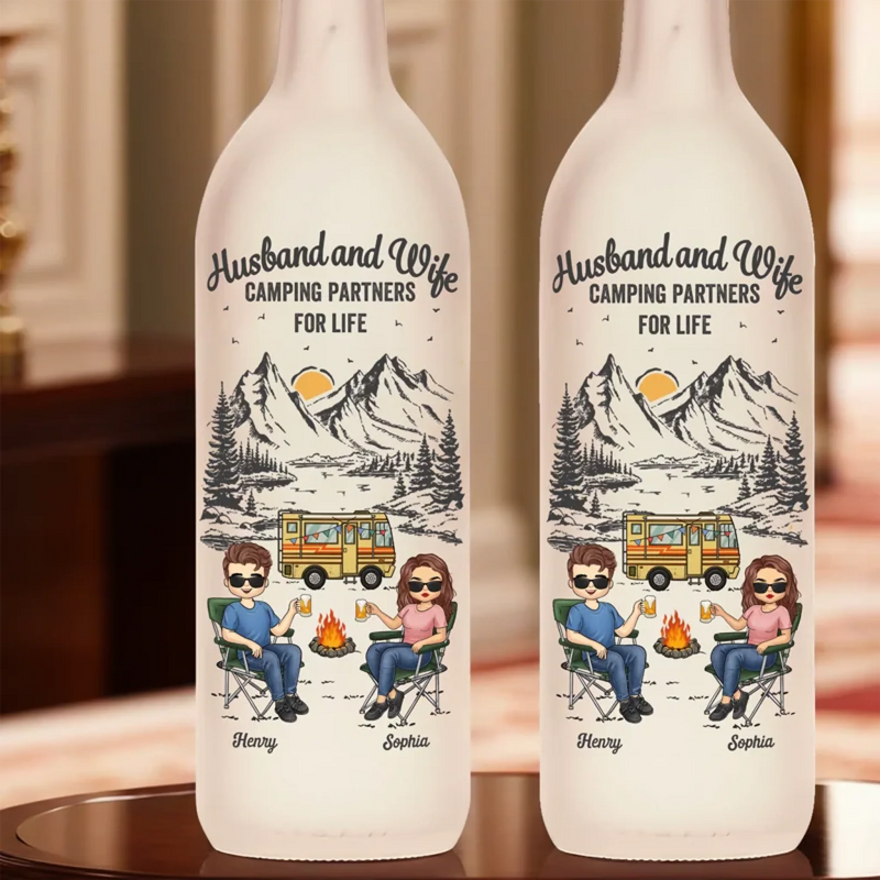 Custom Name Husband and Wife Camping Gifts for Couples - Personalized Bottle Lamp