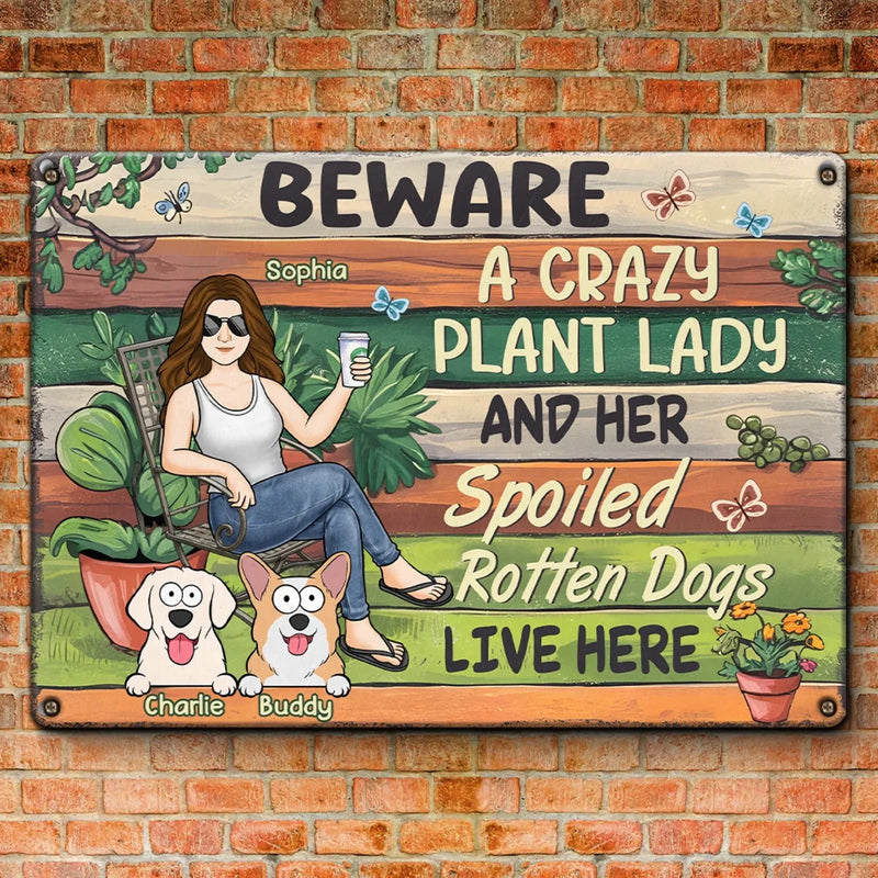 A Plant Lover And Her Little Dog Live Here - Dog Personalized Custom Home Decor Metal Sign - House Warming Gift For Pet Owners, Pet Lovers
