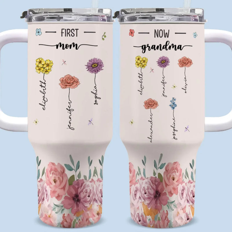 Roots Of Wisdom, Petals Of Love - Family Personalized Custom 40 Oz Stainless Steel Tumbler With Handle - Gift For Mom, Grandma