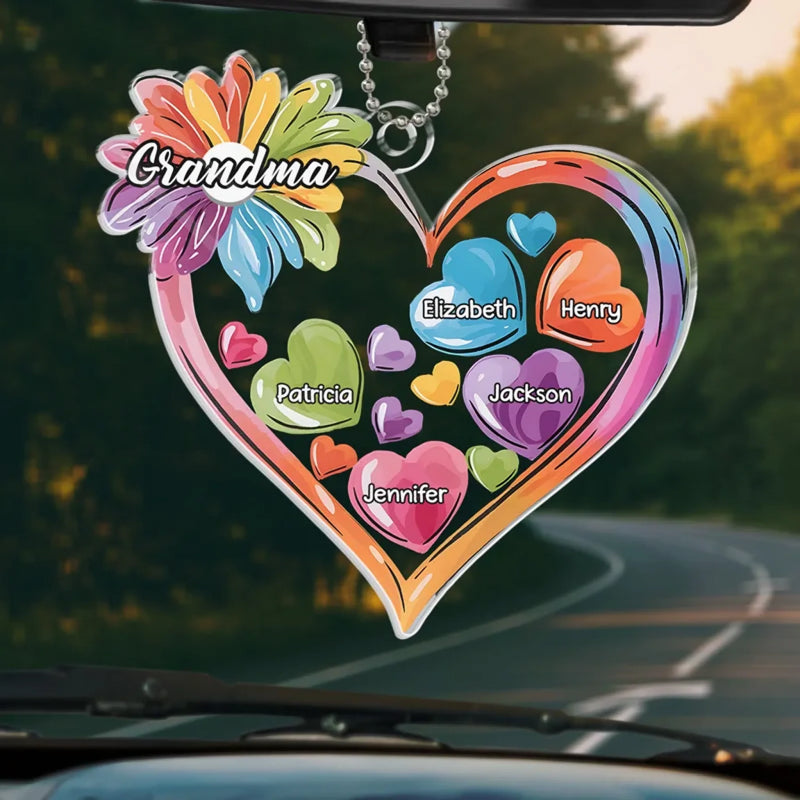 Custom Name Grandma Heart Family Gifts - Personalized Car Ornament