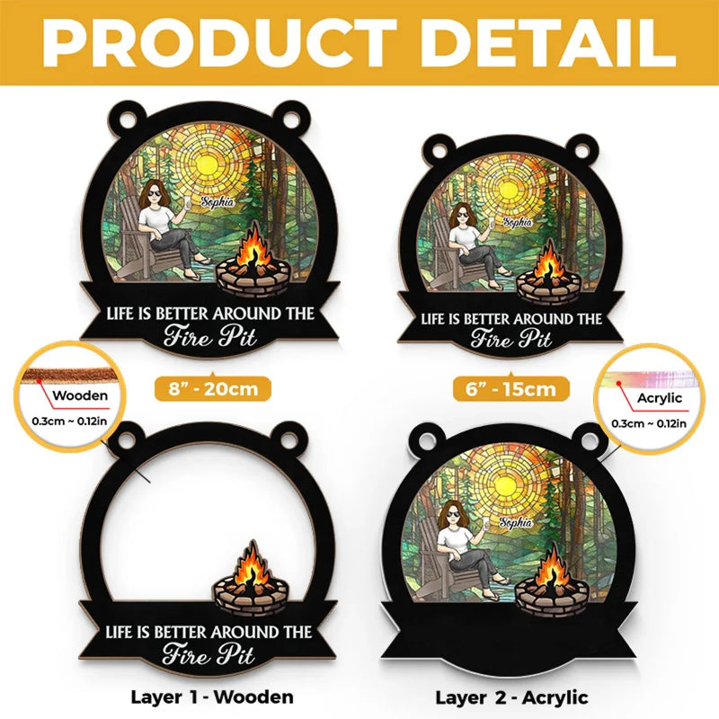 Custom Name Fire Pit Campfire Decor - Personalized Suncatcher Ornament
