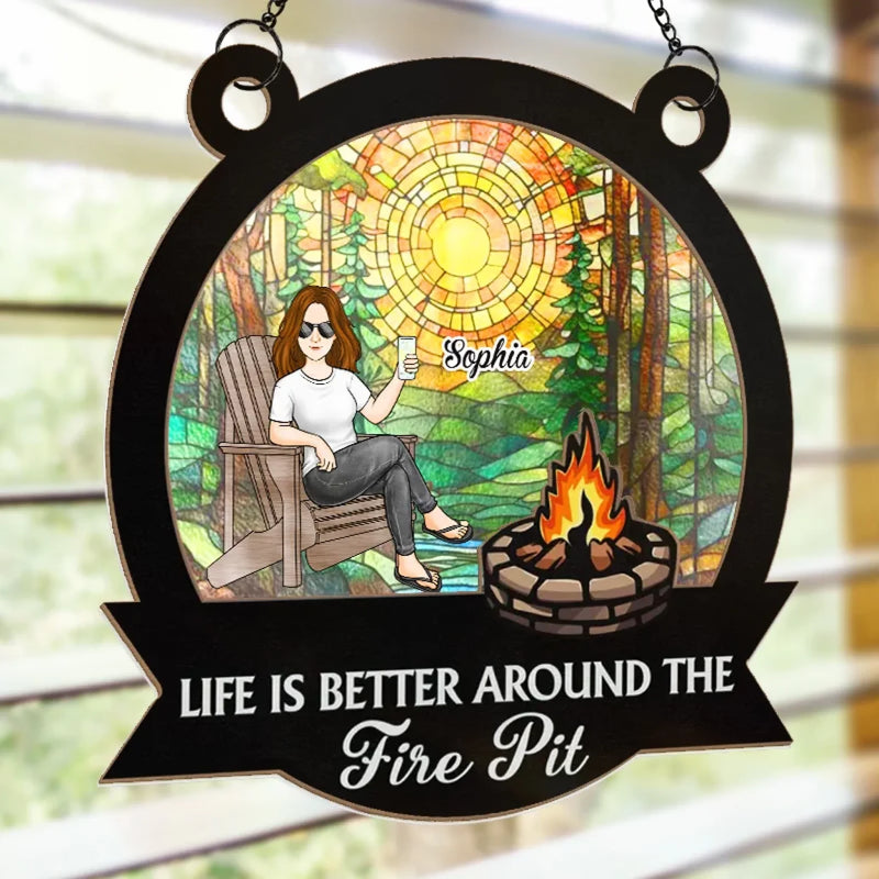 Custom Name Fire Pit Campfire Decor - Personalized Suncatcher Ornament