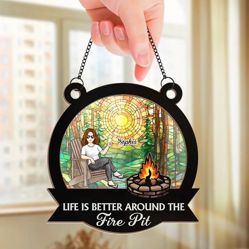 Custom Name Fire Pit Campfire Decor - Personalized Suncatcher Ornament