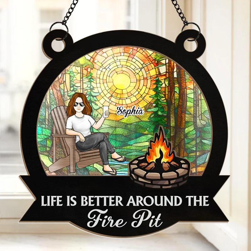 Custom Name Fire Pit Campfire Decor - Personalized Suncatcher Ornament