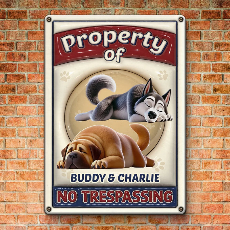 Custom Pet Name Sleeping Dog Property Sign for Dog Lovers - Personalized Metal Sign