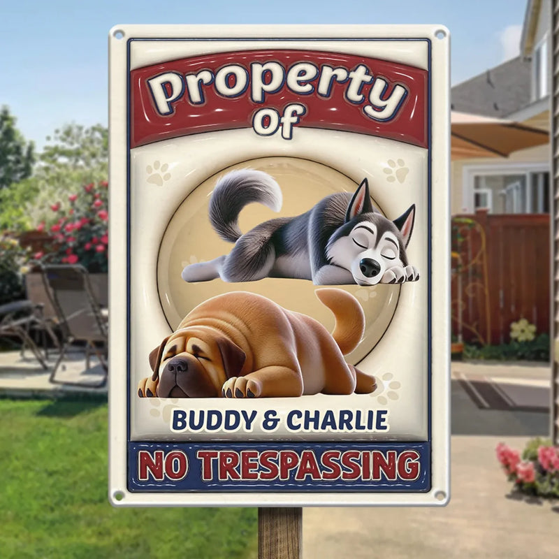 Custom Pet Name Sleeping Dog Property Sign for Dog Lovers - Personalized Metal Sign