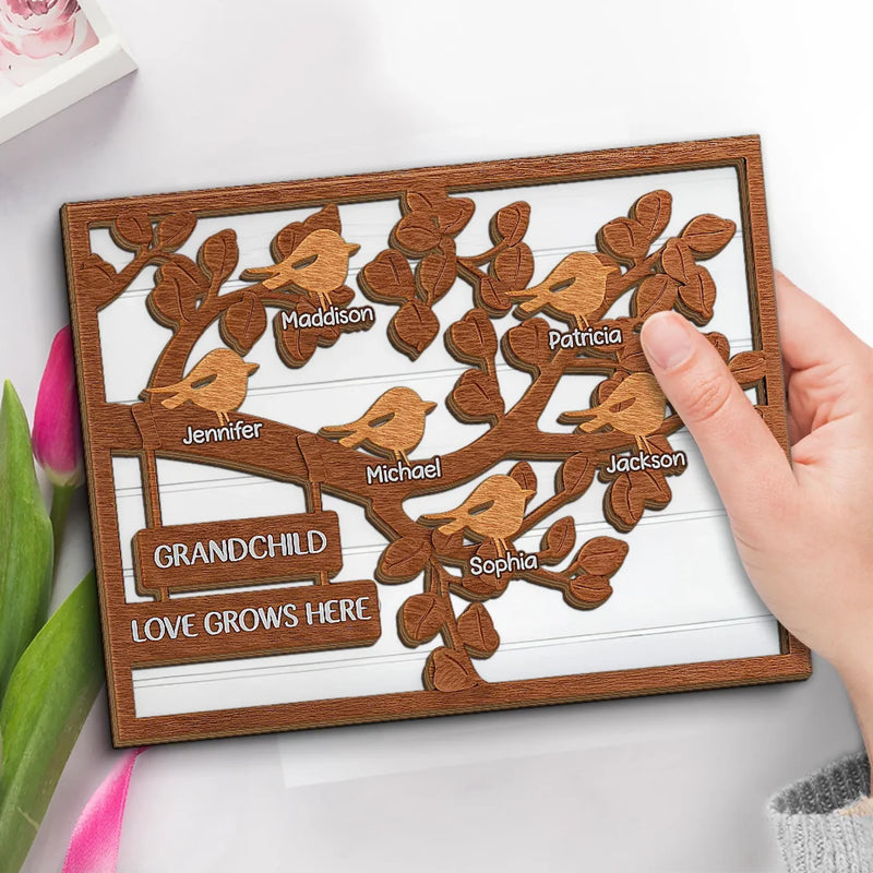 Love Knows No Bounds - Family Personalized Custom 2-Layered Wooden Plaque With Stand - Gift For Mom, Grandma