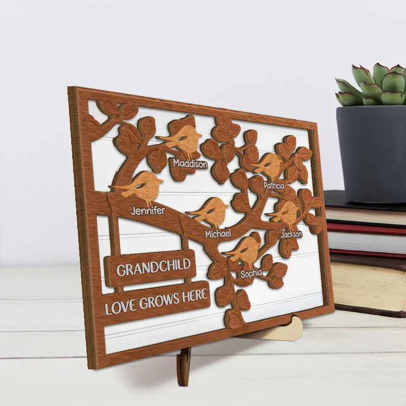 Love Knows No Bounds - Family Personalized Custom 2-Layered Wooden Plaque With Stand - Gift For Mom, Grandma