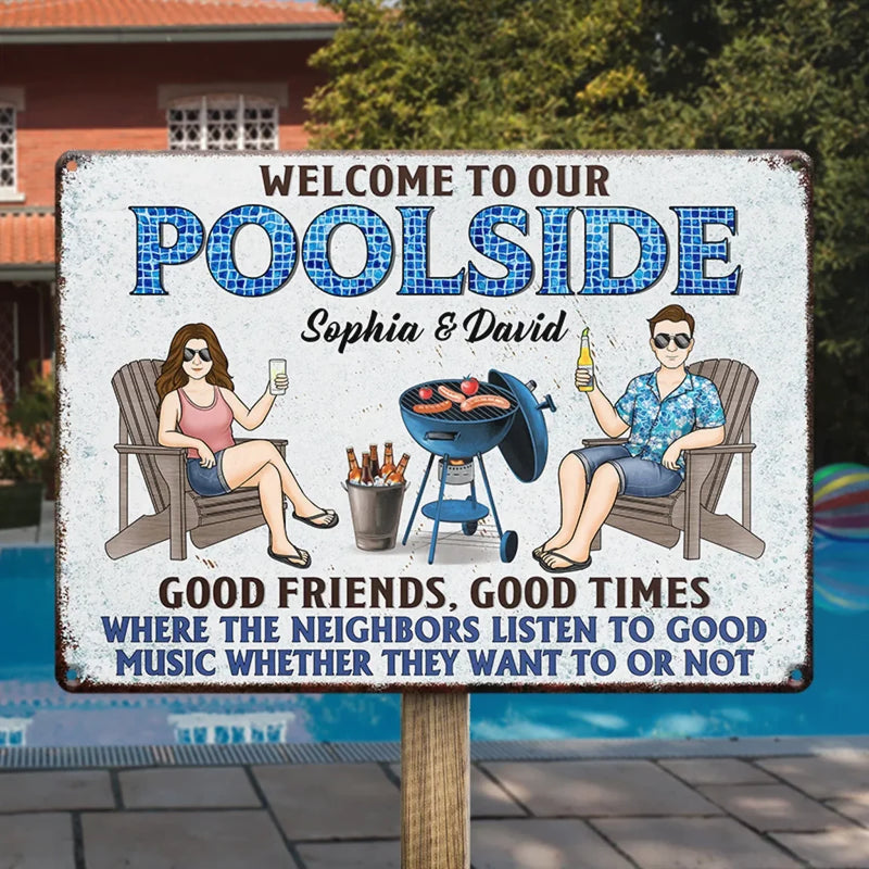 Splash, Sip, And Stay A While - Couple Personalized Custom Home Decor Metal Sign - House Warming Gift For Yourself, Husband Wife, Best Friends, Family Members