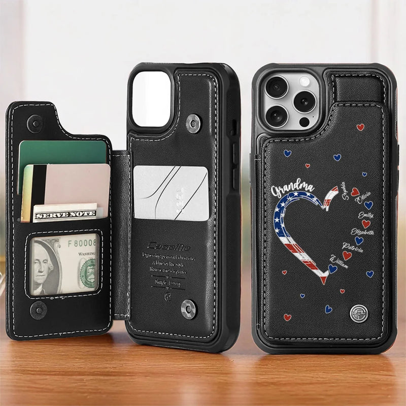 Families Grow Strong In The Warmth Of Grandma’s Love - Family Personalized Custom Leather Flip Wallet Phone Case - Mother's Day Gift For Mom, Grandma