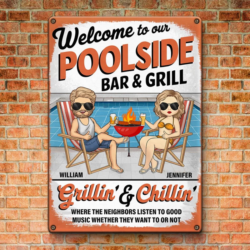 Welcome To Our Poolside - Couple Personalized Custom Home Decor Metal Sign - Gift For Yourself, Husband Wife, Best Friends, Family Members