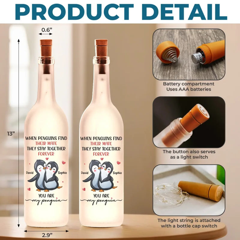 Custom Name Penguin Couple Gifts for Couples - Personalized Bottle Lamp