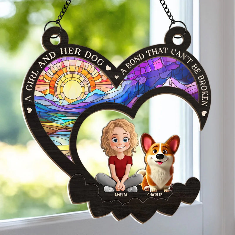 Custom Name Girl and Dog Gifts for Dog Lovers - Personalized Suncatcher Ornament