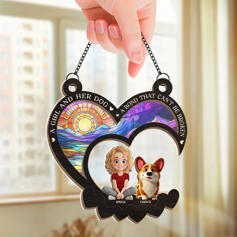 Custom Name Girl and Dog Gifts for Dog Lovers - Personalized Suncatcher Ornament
