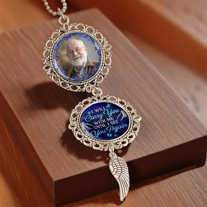 Custom Photo In My Heart, We Never Say Goodbye - Memorial Personalized Custom Metal Car Hanging Ornament With Charm - Sympathy Gift For Family Members