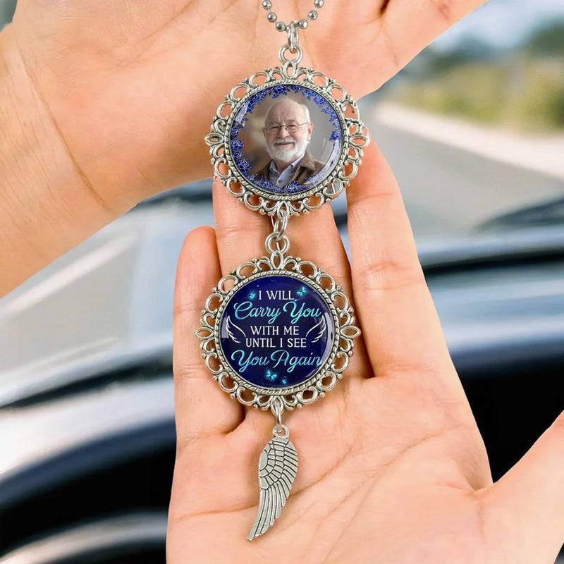 Custom Photo In My Heart, We Never Say Goodbye - Memorial Personalized Custom Metal Car Hanging Ornament With Charm - Sympathy Gift For Family Members