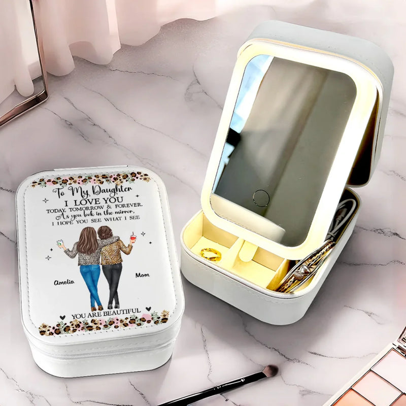 To My Daughter - Family Personalized Custom Jewelry Box LED Makeup - Gift For Mom, Daughter