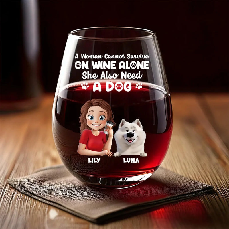 Custom Name Wine and Dog Gifts for Women - Personalized Wine Glass