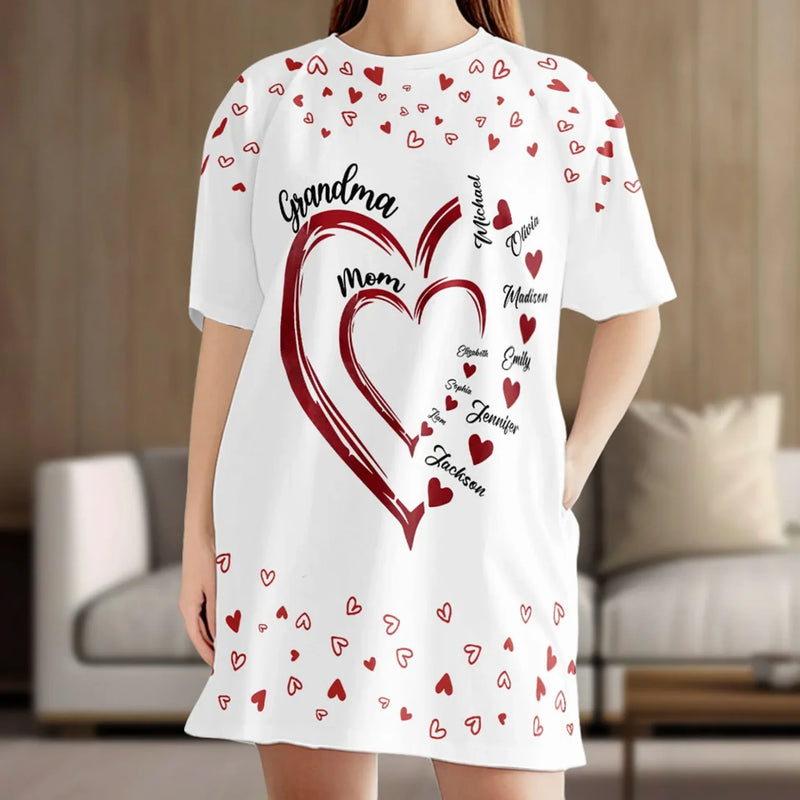 Custom Name Heart Family Gifts for Grandma - Personalized Sleep Tee