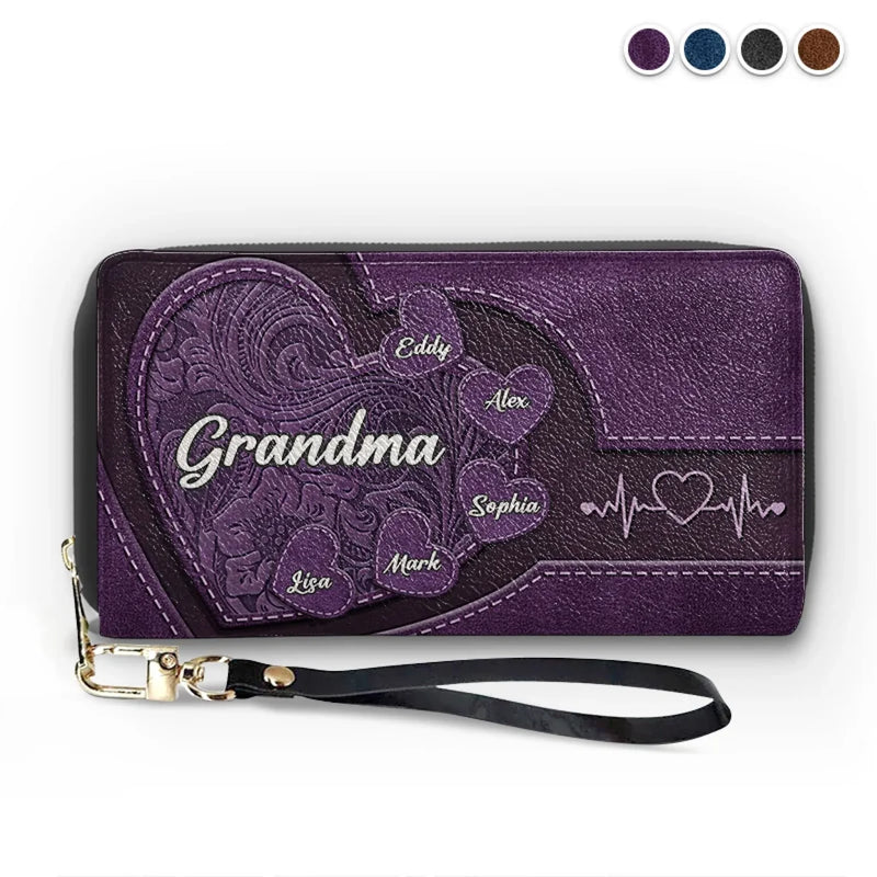 Hold My Hand, Hold My Heart - Family Personalized Custom Leather Long Wallet - Mother's Day, Gift For Mom, Grandma
