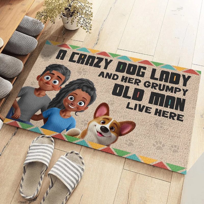 Welcome To The Dog Lady's And The Grump's House - Couple Personalized Custom Home Decor Decorative Mat - House Warming Gift For Husband Wife, Anniversary, Pet Owners, Pet Lovers