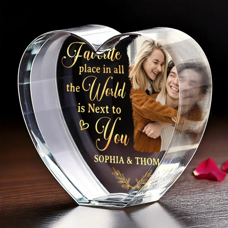 Custom Photo Next To You Is My Favorite Place - Couple Personalized Custom 3D Crystal Heart Shaped - Gift For Husband Wife, Anniversary