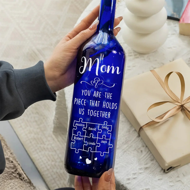 Custom Name Family Puzzle Gift for Mom - Personalized Blue Bottle Lamp