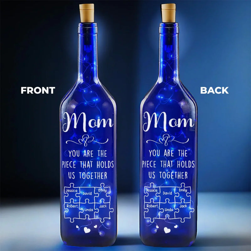 Custom Name Family Puzzle Gift for Mom - Personalized Blue Bottle Lamp