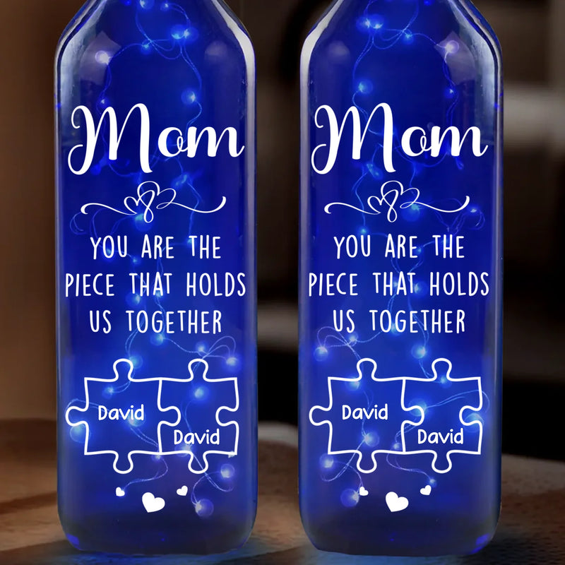 Custom Name Family Puzzle Gift for Mom - Personalized Blue Bottle Lamp