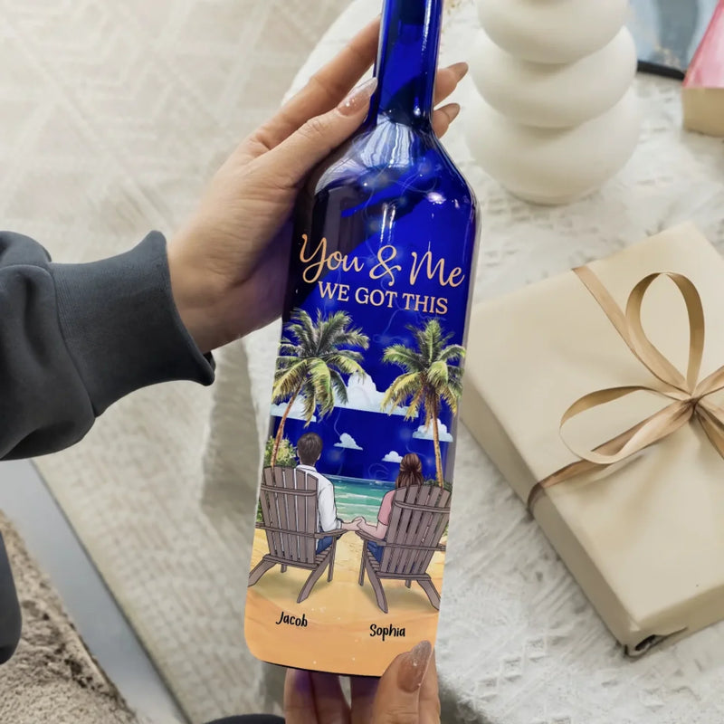 Side By Side, Through Every Storm - Couple Personalized Custom Blue Bottle Lamp - Gift For Husband Wife, Anniversary