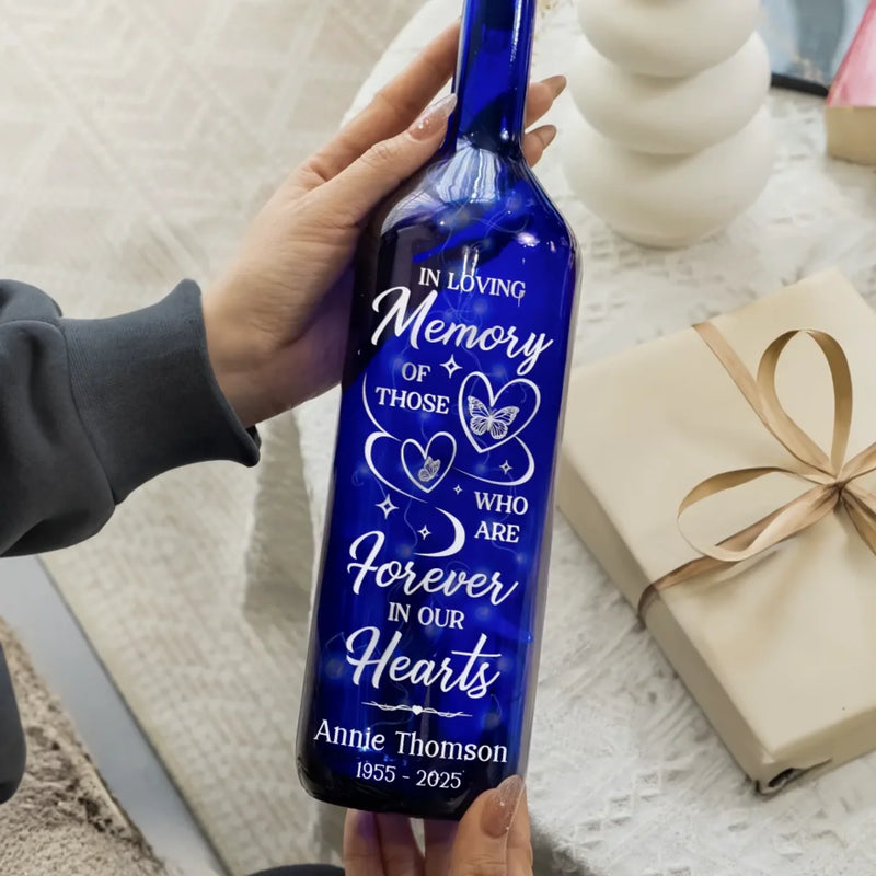 Forever Remembered, Forever Loved - Memorial Personalized Custom Blue Bottle Lamp - Sympathy Gift For Family Members