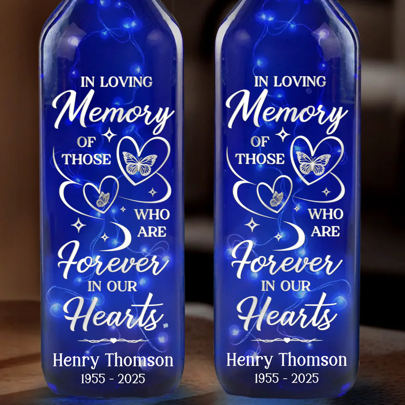Forever Remembered, Forever Loved - Memorial Personalized Custom Blue Bottle Lamp - Sympathy Gift For Family Members