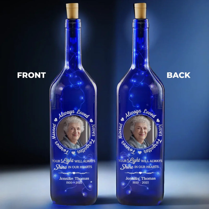 Custom Photo Forever In Our Hearts, Forever In Our Light - Memorial Personalized Custom Blue Bottle Lamp - Sympathy Gift For Family Members