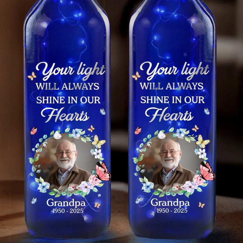 Custom Photo In Loving Memory, A Light That Never Dims - Memorial Personalized Custom Blue Bottle Lamp - Sympathy Gift For Family Members