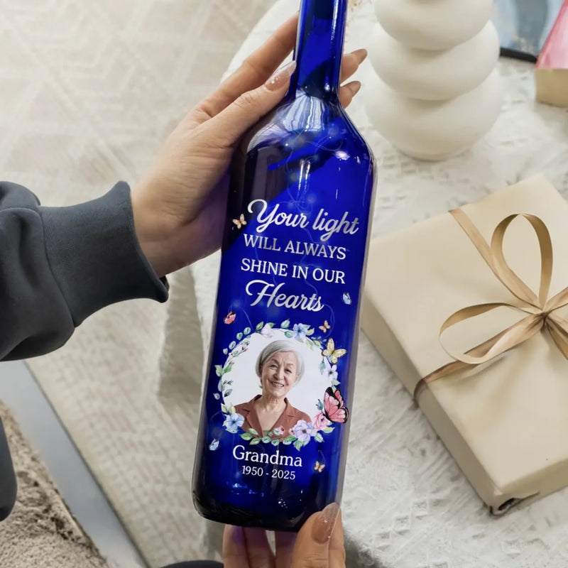 Custom Photo In Loving Memory, A Light That Never Dims - Memorial Personalized Custom Blue Bottle Lamp - Sympathy Gift For Family Members