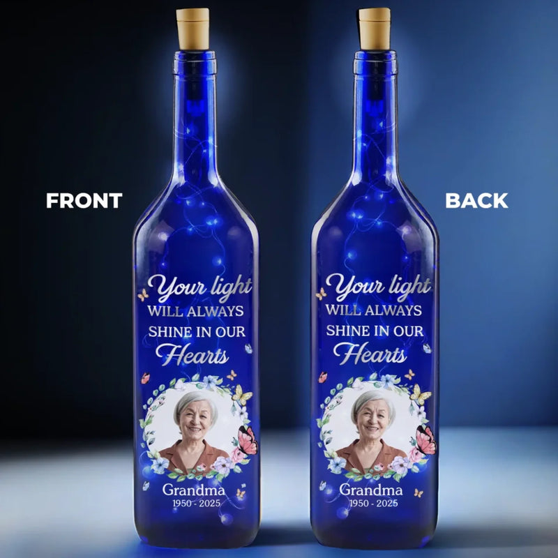Custom Photo In Loving Memory, A Light That Never Dims - Memorial Personalized Custom Blue Bottle Lamp - Sympathy Gift For Family Members