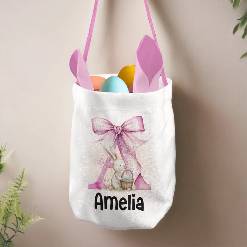 Bunny Kisses And Easter Wishes - Family Personalized Custom Bunny Basket, Tote With Bunny Ears  - Easter Gift For Kids Egg Hunt, Family Members