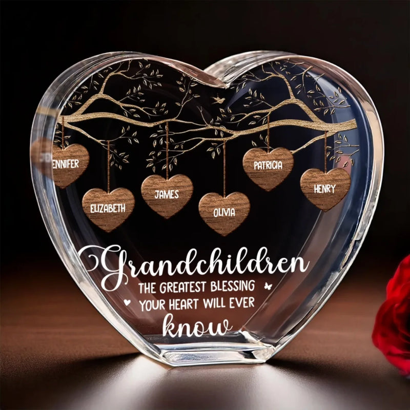 Cherish The Love That Grows With Family - Family Personalized Custom 3D Crystal Heart Shaped - Mother's Day, Gift For Mom, Grandma