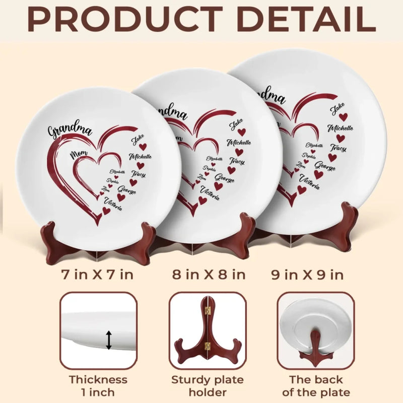 Custom Name Family Heart Gifts for Grandma - Personalized Ceramic Plate