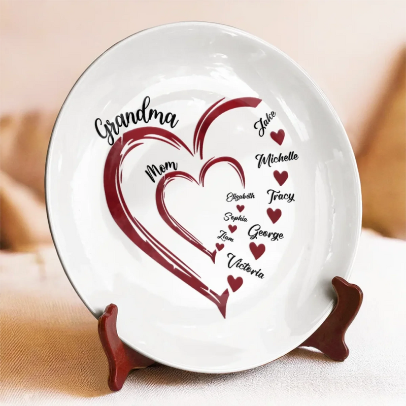 Custom Name Family Heart Gifts for Grandma - Personalized Ceramic Plate