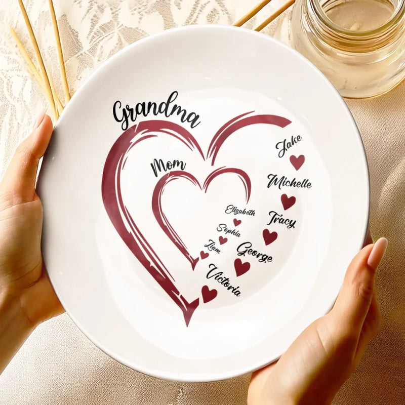 Custom Name Family Heart Gifts for Grandma - Personalized Ceramic Plate
