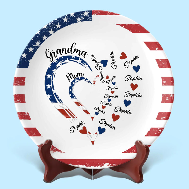 Custom Name Patriotic Family Heart Gifts for Grandma - Personalized Ceramic Plate