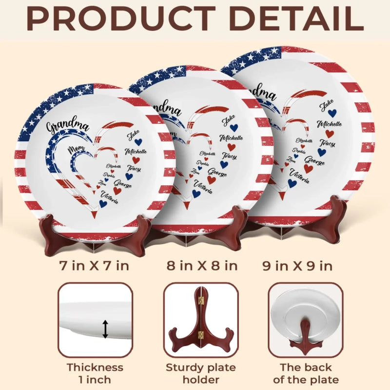 Custom Name Patriotic Family Heart Gifts for Grandma - Personalized Ceramic Plate